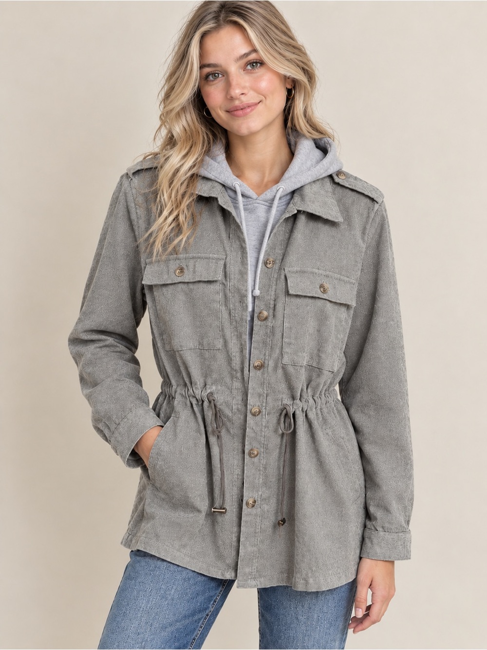 Davi & Dani Grey Southwestern Print Corduroy Utility Jacket with Knit Details Sm